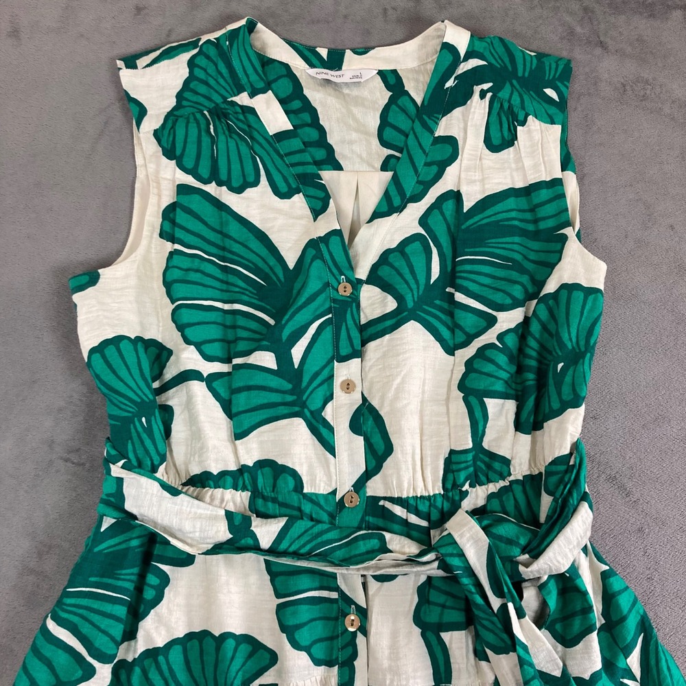 Nine West Womens Green Tropical Leaf Print Button Front Tiered Dress Large L - Picture 2 of 8